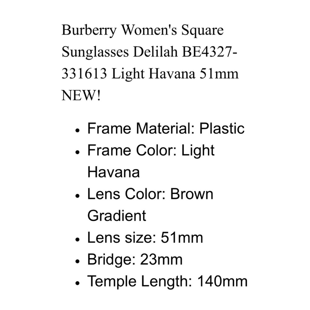 NWOT Burberry Woman’s BE4327 Delilah Square Sunglasses in Light Havana - Picture 14 of 15